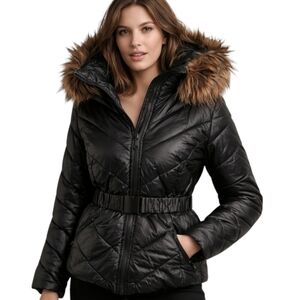 H&M Black Belted Puffer Jacket Faux Fur Hood Size 2